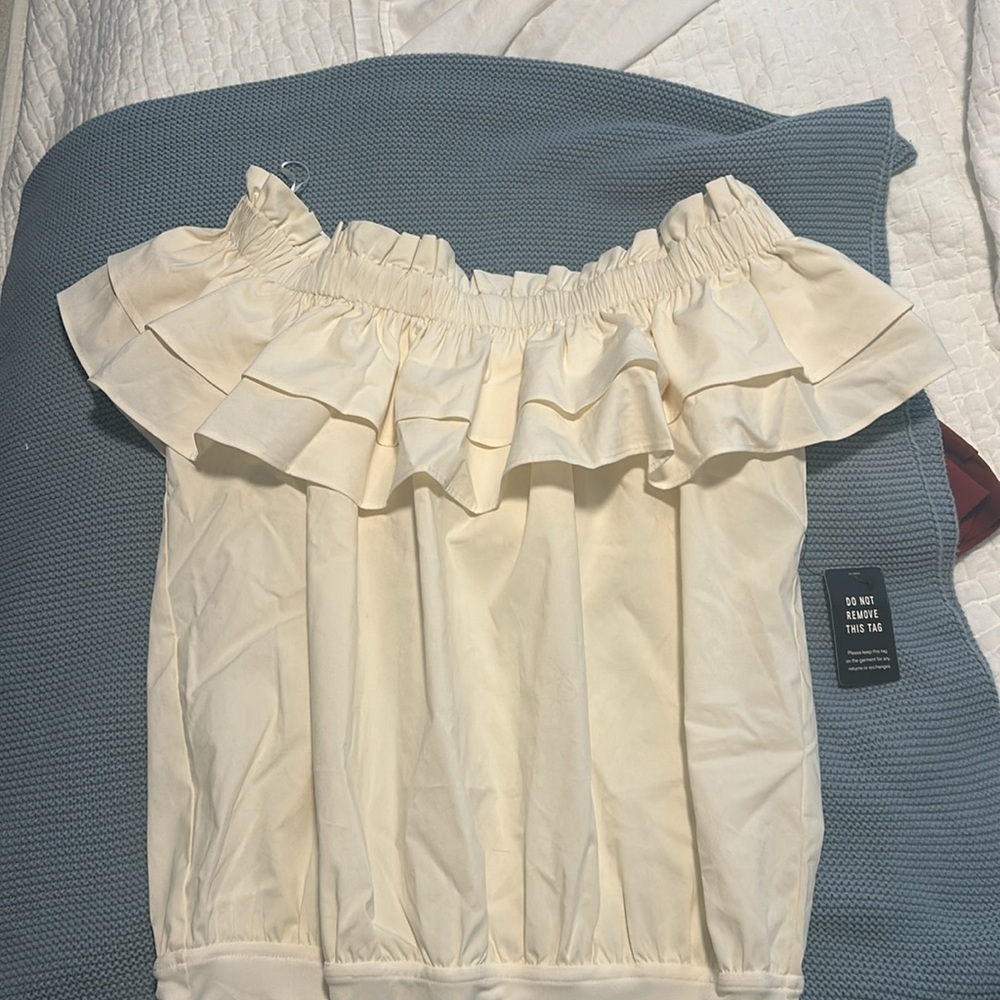 Express cotton poplin bodysuit. Rust and cream colored.